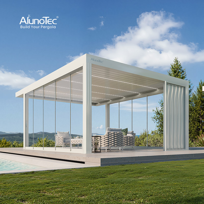 AlunoTec, моторизованная биоклиматическая алюминиевая беседка с крышей и наружными жалюзи