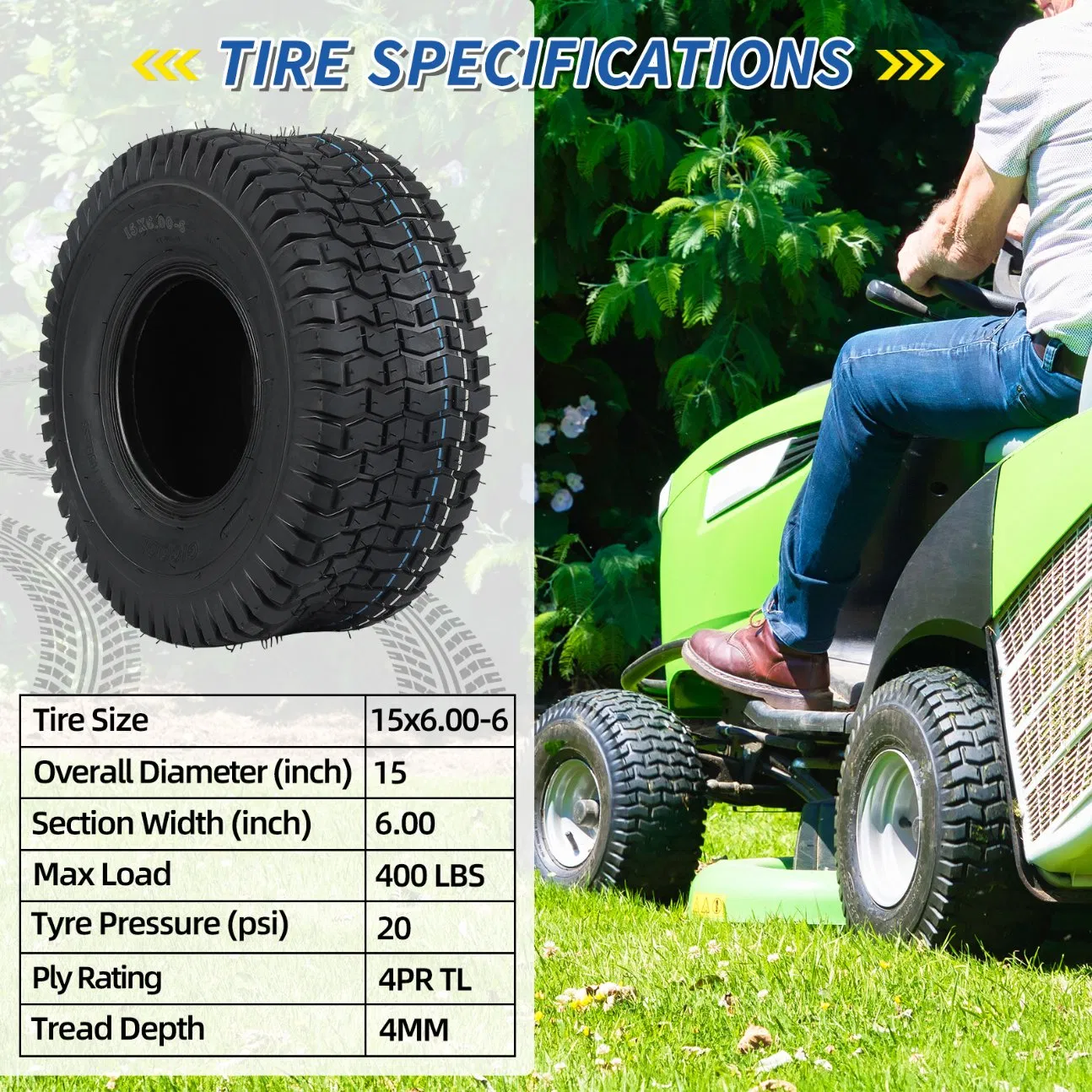 15X6.00-6 4 Ply Lawn Mower Tubeless Tire for Tractor Riding Lawnmowers