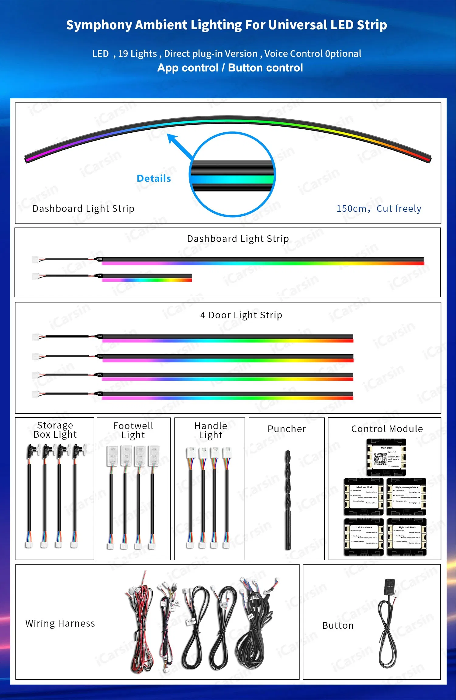 150cm Universal Ambient Light Dashboard Surrounding Strip Lights Interior Light Accessories
