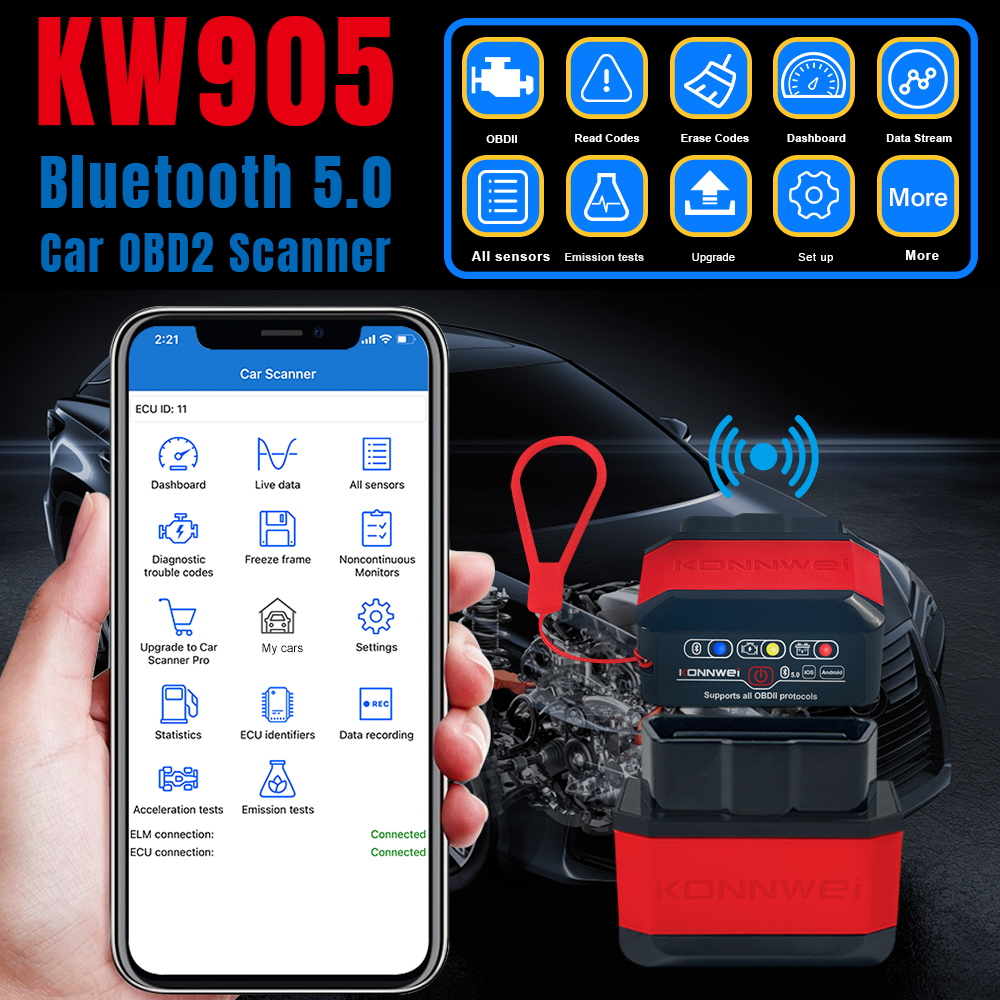 Универсальный автомобильный сканер OBD2 Konnwei KW905 для Android и iOS