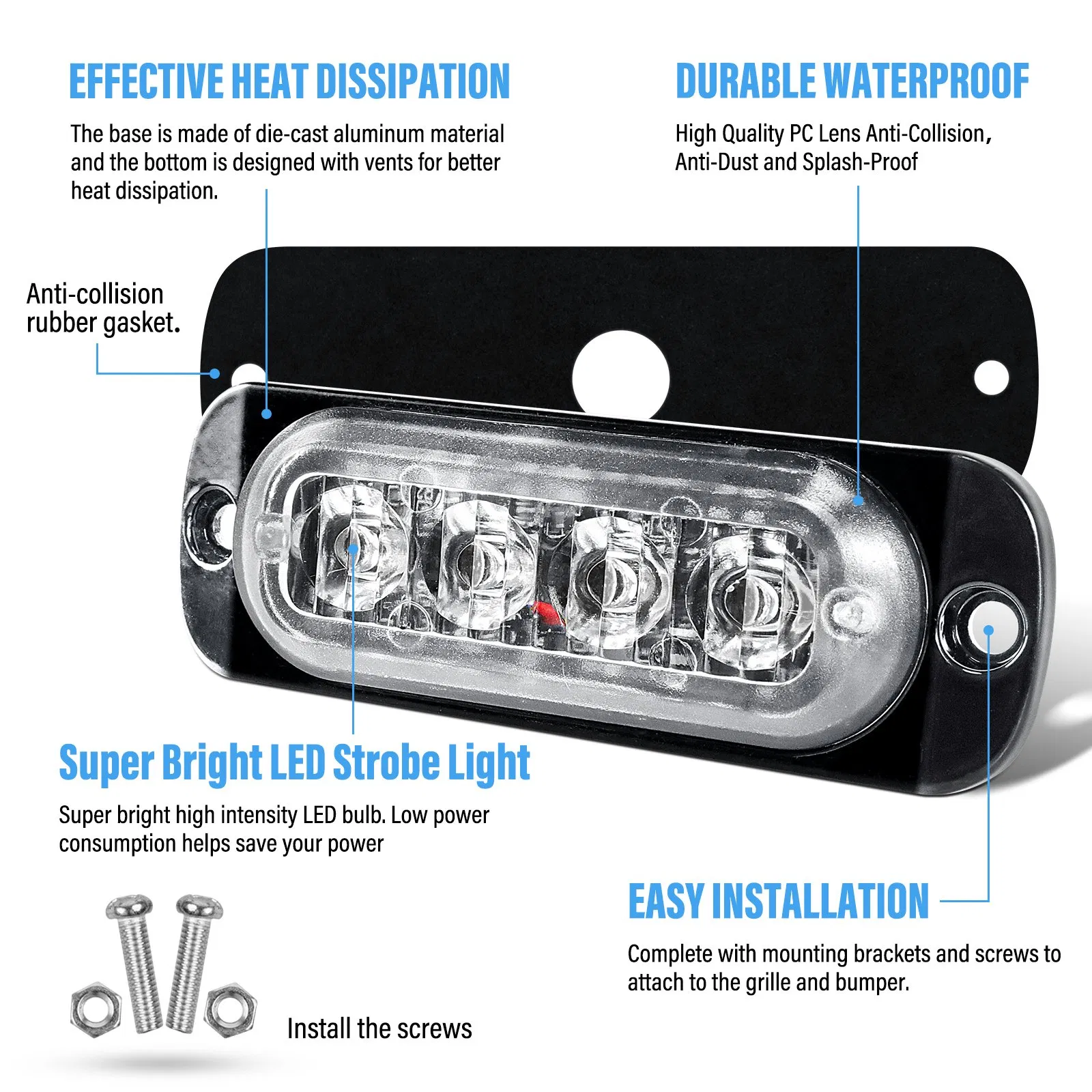 Rear of The Vehicle Mount Strobe Light – 4 Blue LEDs, 12V/24V, IP67 Waterproof, Heavy-Duty for Trucks & Emergency Vehicles