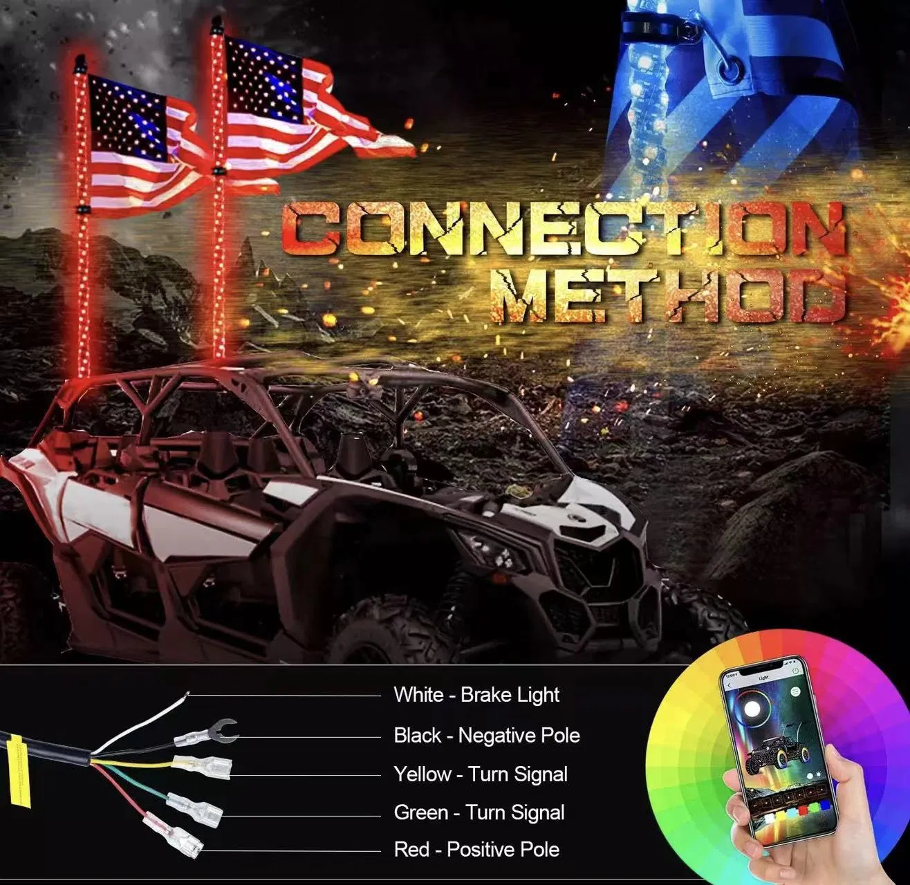 6FT/8FT/12FT Vehicle Fiberglass Pole Safety Flags 12-24V Construction Mining LED Buggy Whips