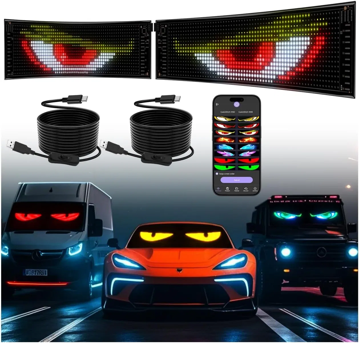 LED Eye Lights for Cars, LED Eyes for Truck, Colorful and Soft Display, Programmable Light Writing, Smart APP, Bluetooth USB 5V, Devil Eye Lights