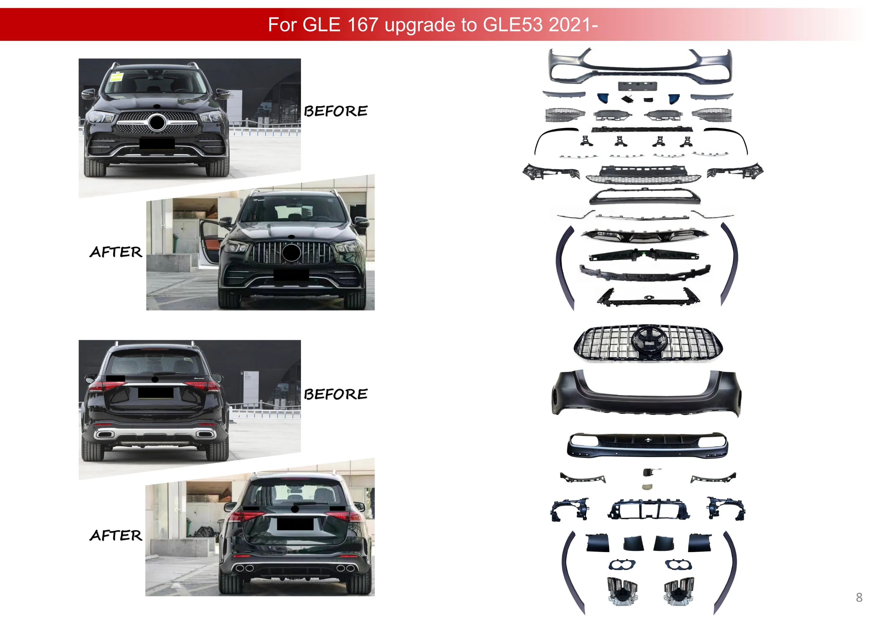 Sport Bumper Body Kit for Gle350 Upgrade to Gle450 167 2021 with Front Grille