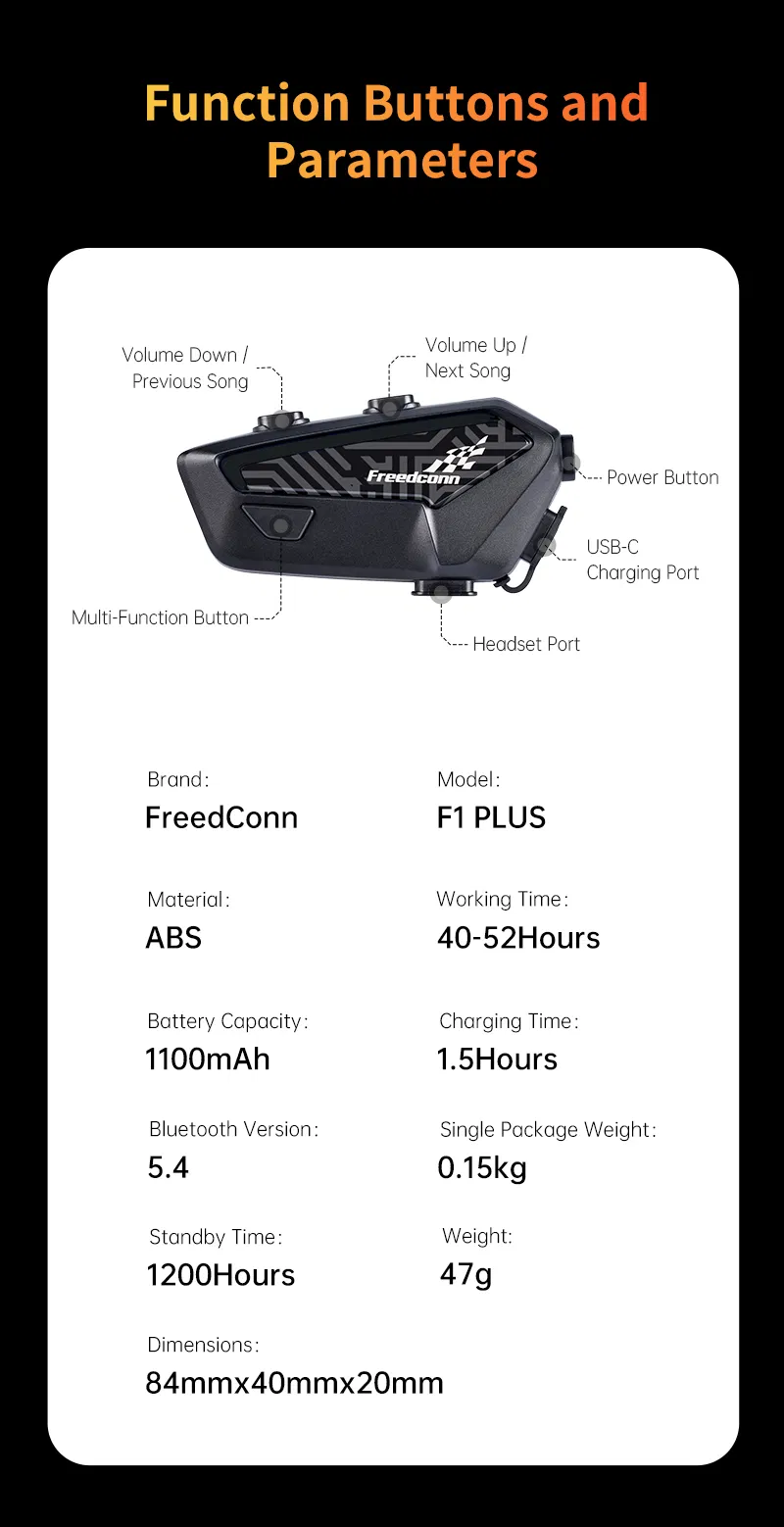 Мотоинтерком Freedconn F1plus Bluetooth для группы, IP67