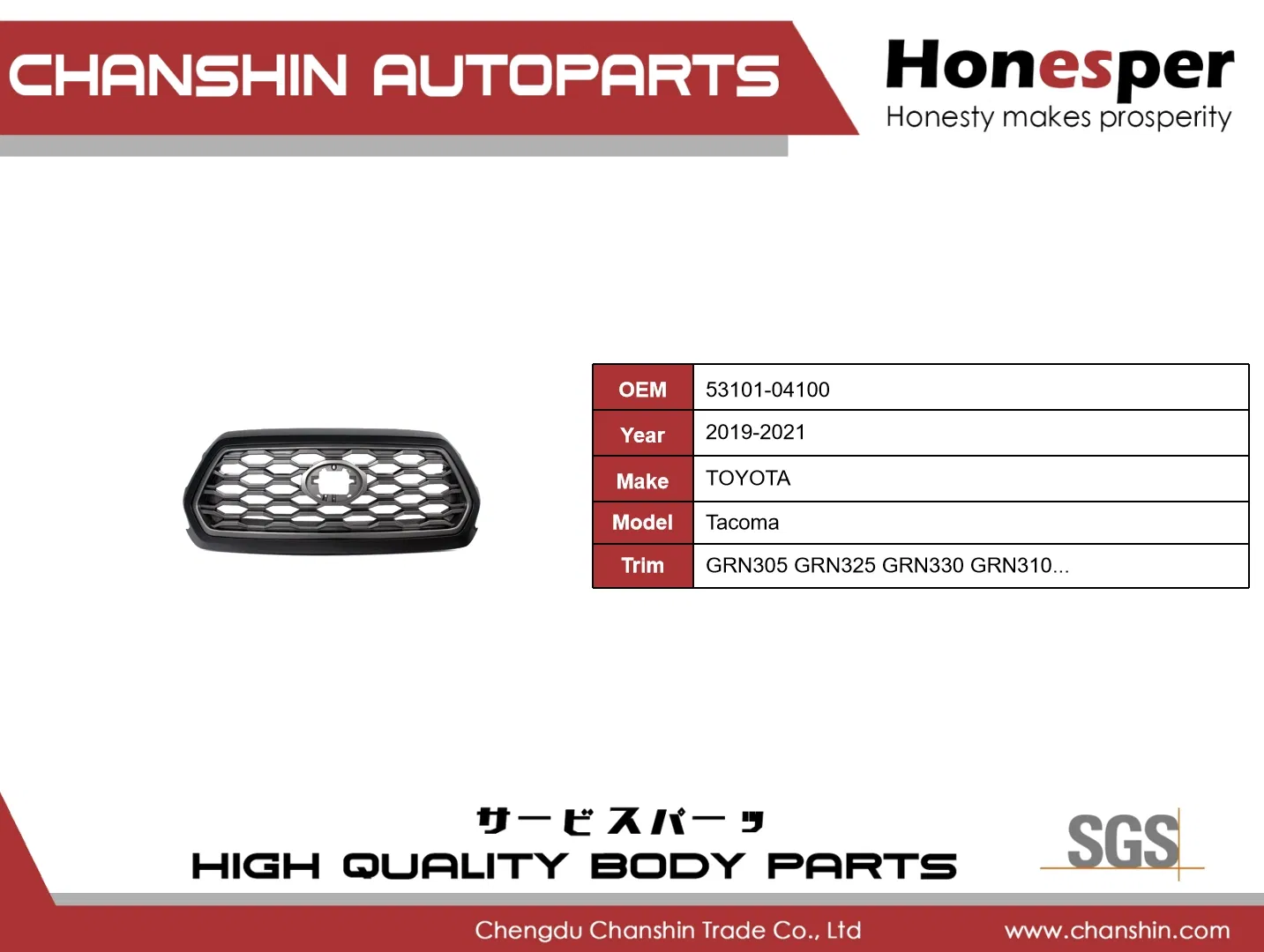 Wholesale Car Spare Parts Front Grille Car Accessories Auto Part Body Parts Bumper Grille for Toyota Tacoma 2019-2021 Pick-up 53101-04100