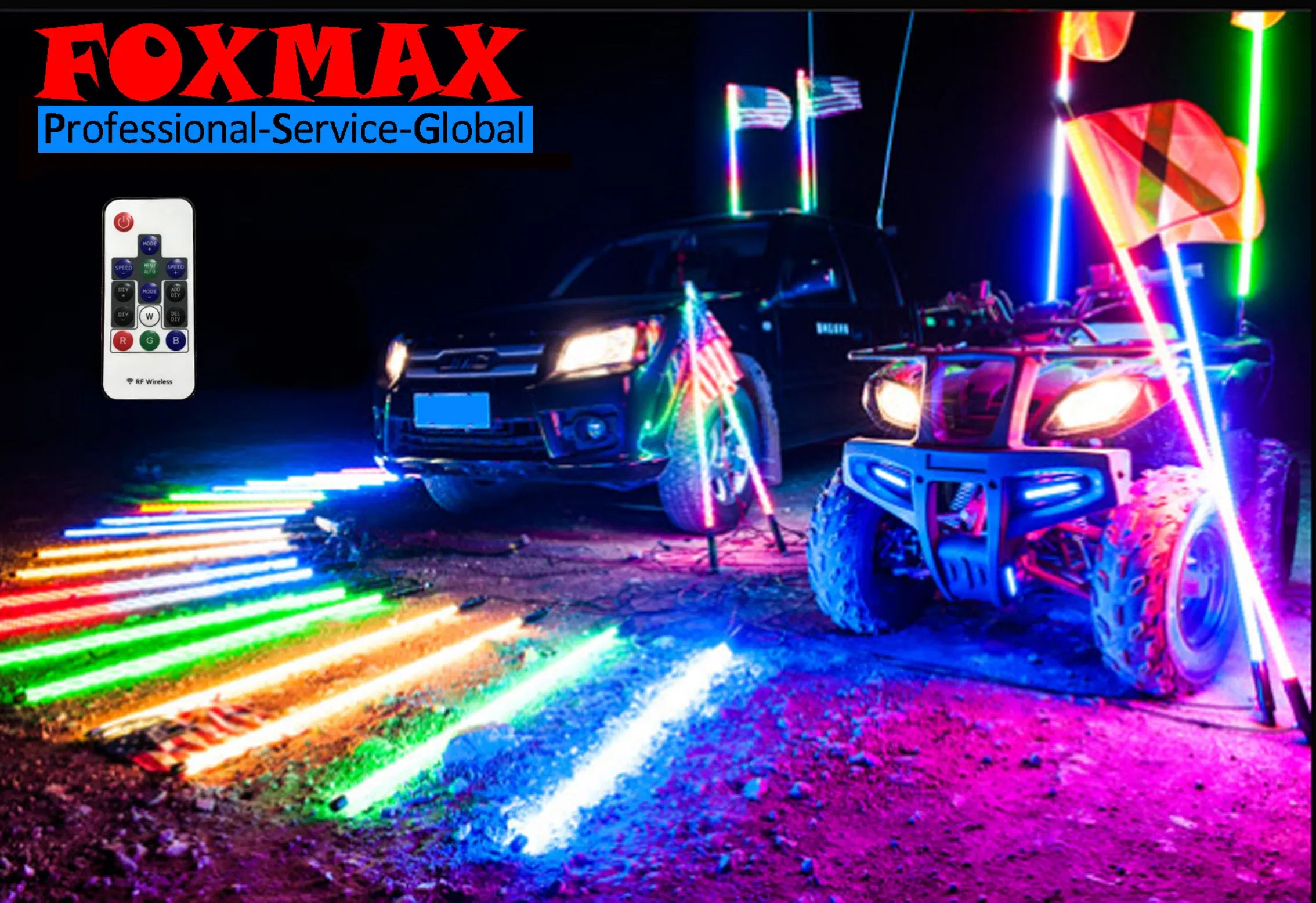 Vibrant Red, White, and Blue LED Whips for Cars