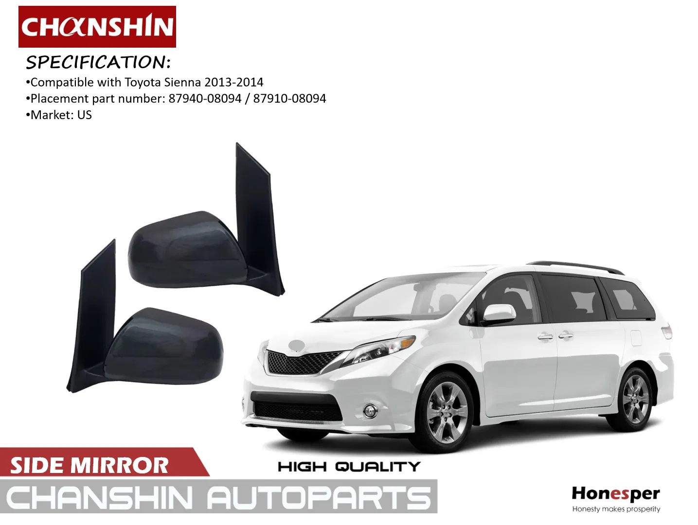 Wholesale Car Spare Parts Auto Parts Car Accessory Side View Mirror for Toyota Sienna 2013-2015 87940-08094 87910-08094 Gsl