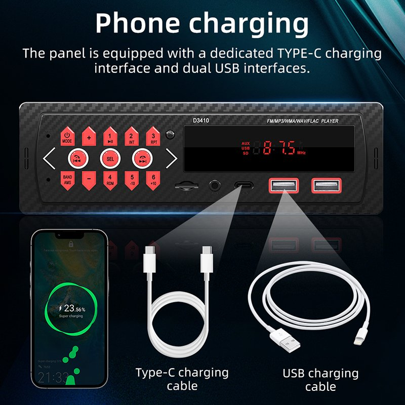 D3410 Bluetooth MP3 Car Player – Supports TF Card, USB & FM Radio