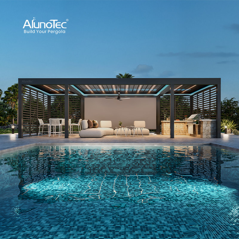 AlunoTec, моторизованная биоклиматическая алюминиевая беседка с крышей и наружными жалюзи