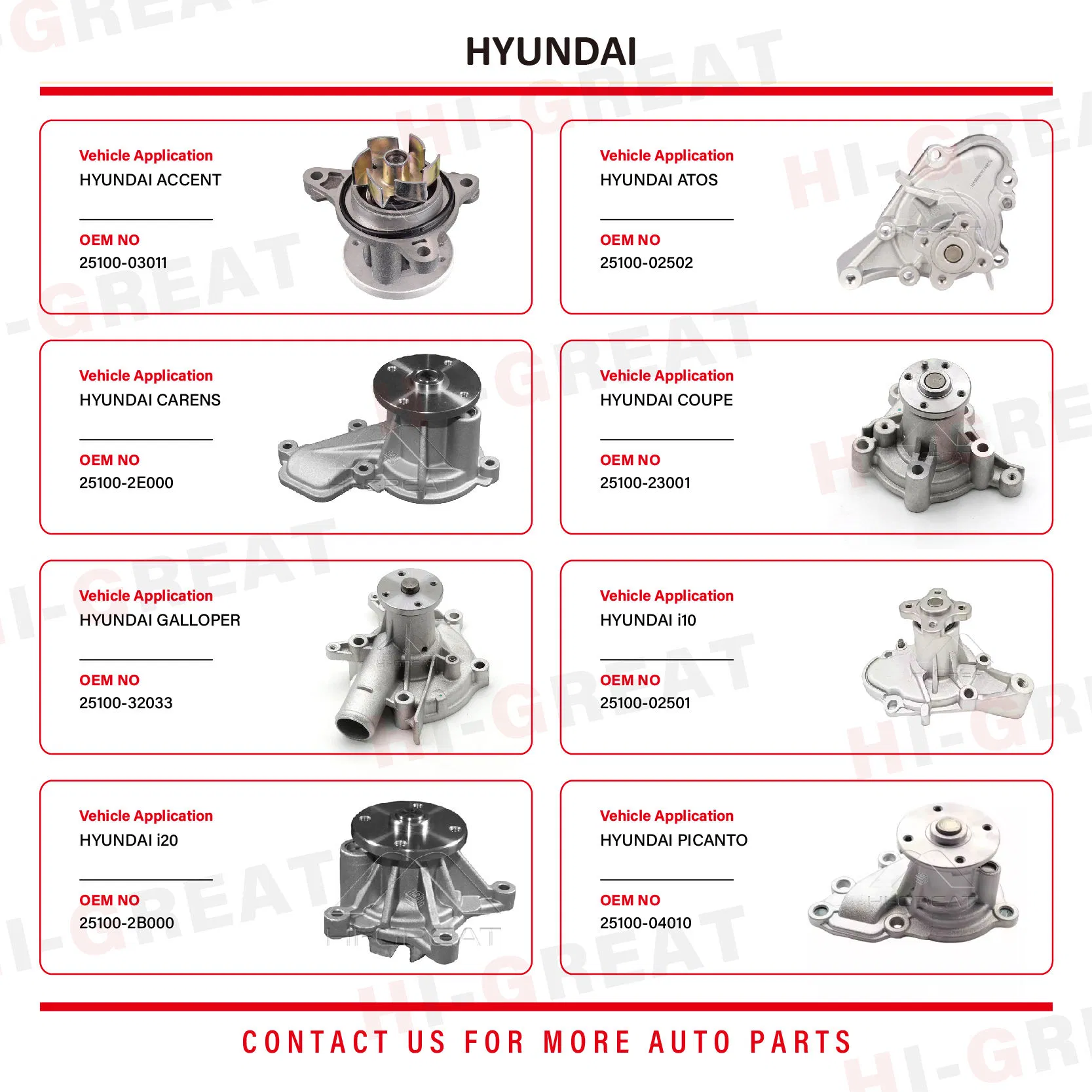 Автомобильный водяной насос для Hyundai, Toyota, Mitsubishi, Chevrolet, Nissan