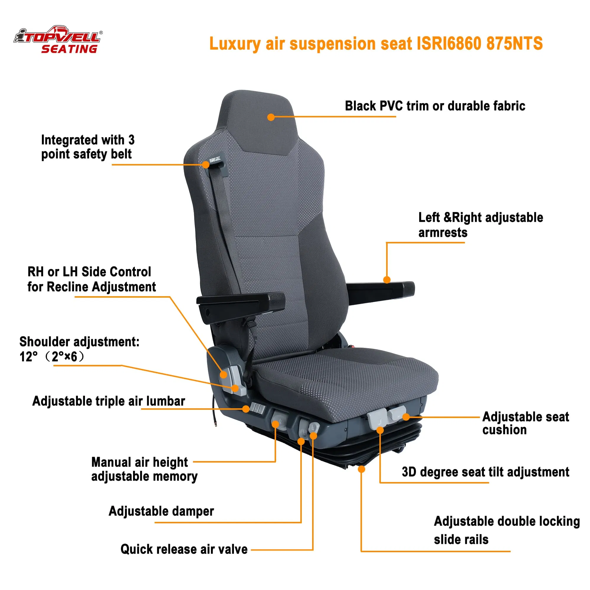 Premium Isri6860/875nts Pneumatic Suspension Driver Seat with Rust Resistant Fabric Material