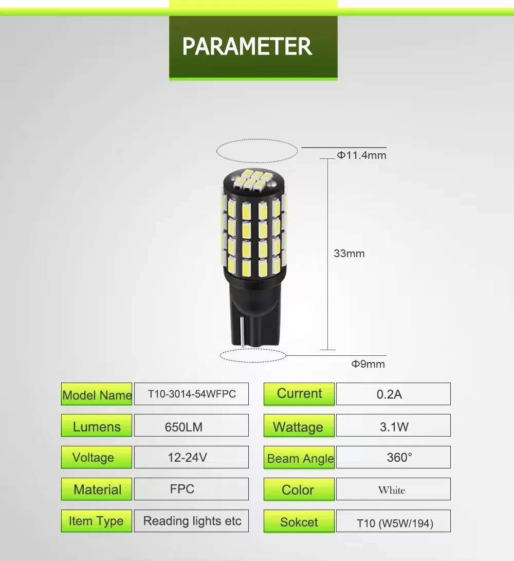 Светодиодные лампы T10 W5W для авто, 54 SMD, 6000K-6500K