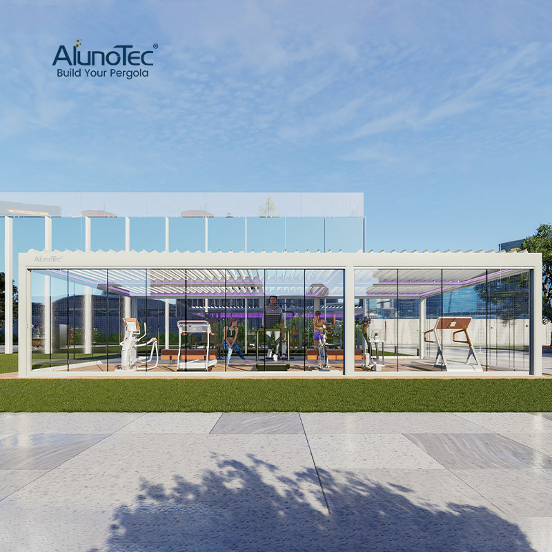 AlunoTec, моторизованная биоклиматическая алюминиевая беседка с крышей и наружными жалюзи