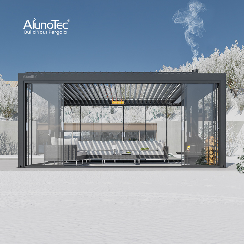 AlunoTec, моторизованная биоклиматическая алюминиевая беседка с крышей и наружными жалюзи